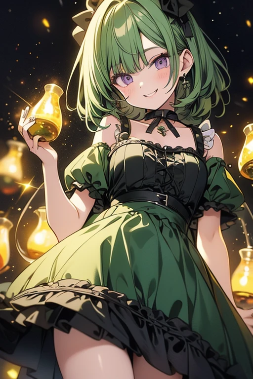 A green haired girl with purple eyes and an hourglass figure in a green Lolita dress is smiling in a bunch of fireflies