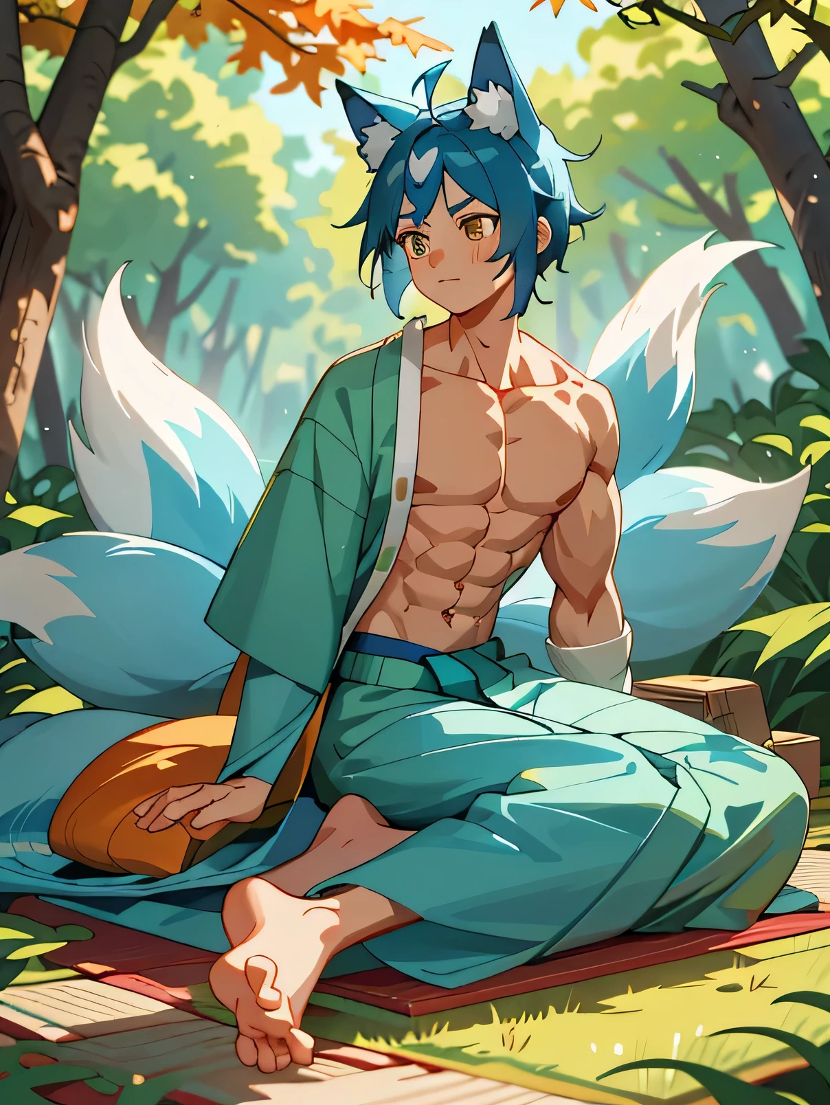 Anime boy with fox ears and tail, 1 person, Sitting on a mat under a tree，Falling autumn leaves, Abdominal muscles definition, Blue Hair，Bangs cover the forehead, Wearing a traditional Japanese kimono with split sleeves, Animal ear twitching, The fox&#39;s eyes glow yellow, Facial Tagging：Forest mark engraved on collarbone, Well-developed chest and arm muscles, Cover your mouth with your hands，Calm yourself down, Focus on the tranquility of nature, Lonely figure against the background of seasonal trees, The nipples are barely visible through the thin fabric of the kimono, Outdoor environment highlights muscular figure, Tail twitching with excitement,