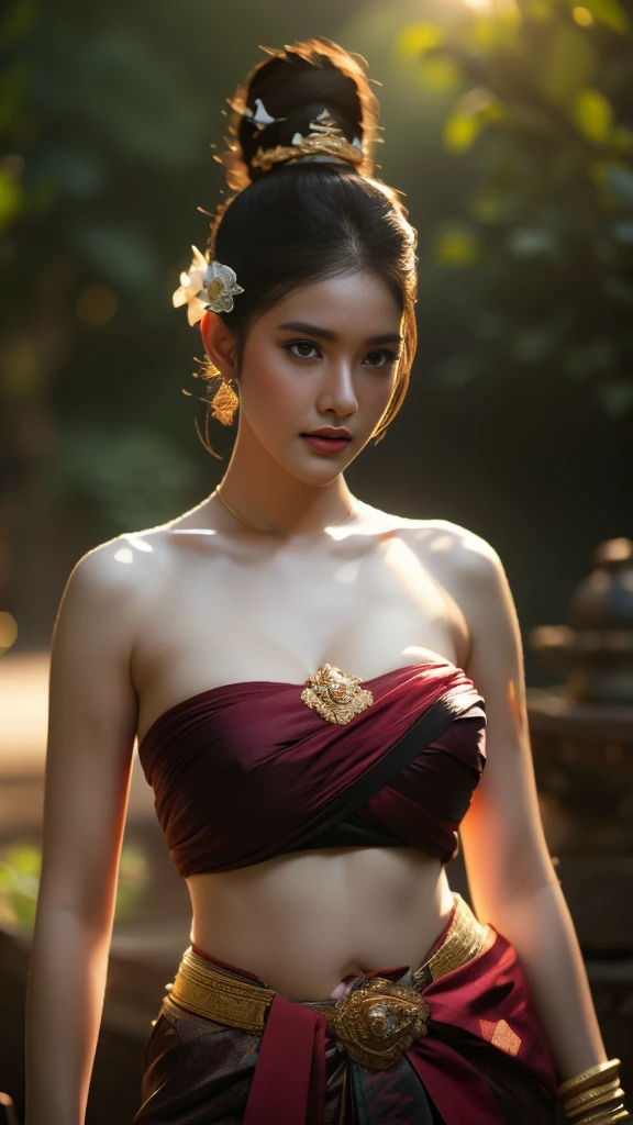 beautiful girl ,Thai women&#39;warrior, walking at thai measure, dynamic poses, Thai Chat Set, Strapless shirt, long hair,black eyes,abdominal muscles, plump body, rounded chest, (big breast:1.3), rift, morning sun, staring at the audience, (sexy poses), ((face details)), Double eyelids, that is finished, realistic, Masterpiece, Highest quality, lens flare, shade, old measure, measure, [[Chromatic aberration]], By Jeremy Lipking, By Antonio J... Manzanedo, digital painting, HDR, high contrast
