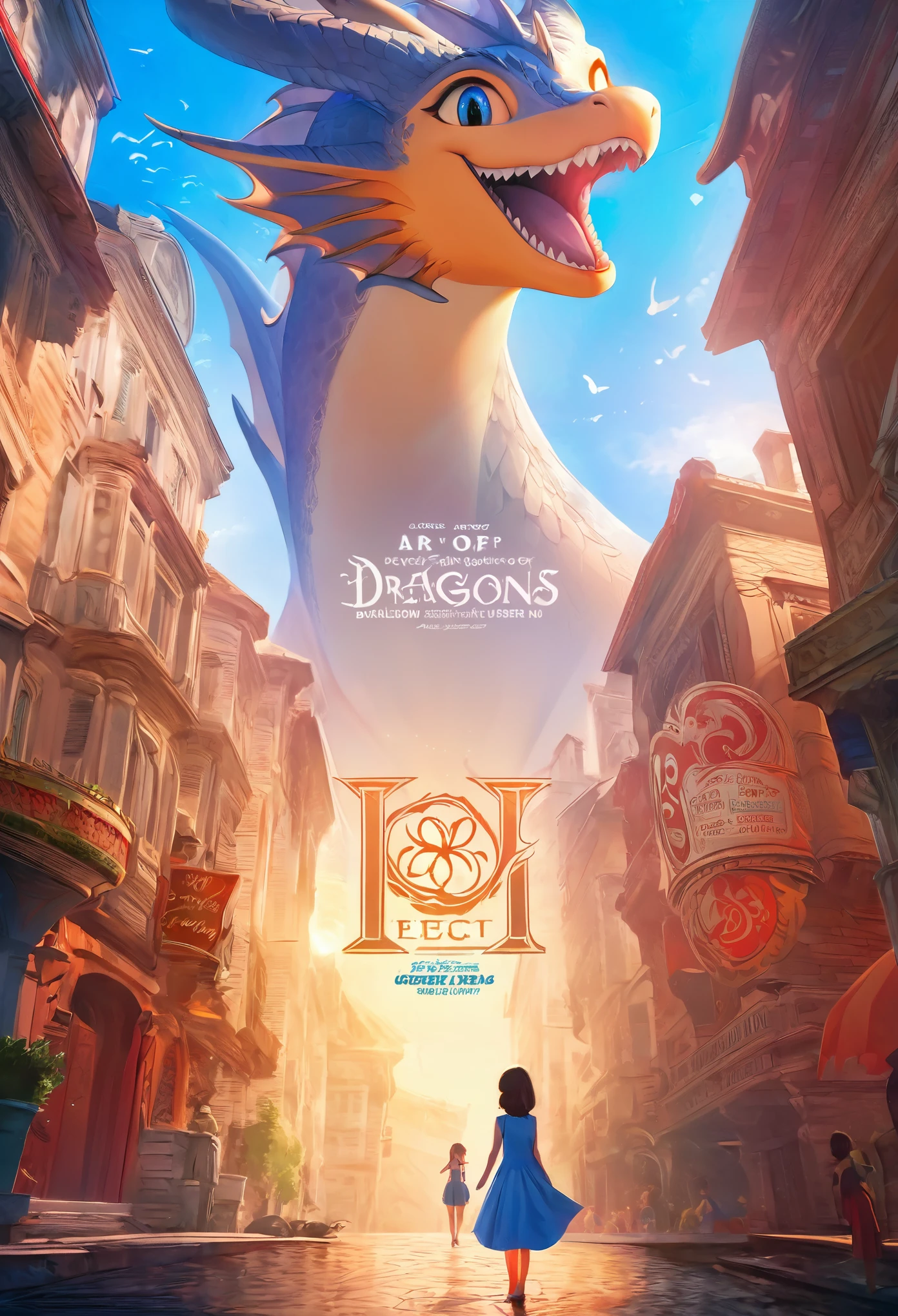 movie poster, highres, top quality, best quality, paid reward available, unparalleled masterpiece, perfect artwork, absurdres, High-quality illustrations, super high resolution, detailed background, perfect anatomy(1girl, large gragon)(animation, movie of a Dragon and human girl)blue sky, smile, smile, happy, joyful, cinematic lighting, title logo,