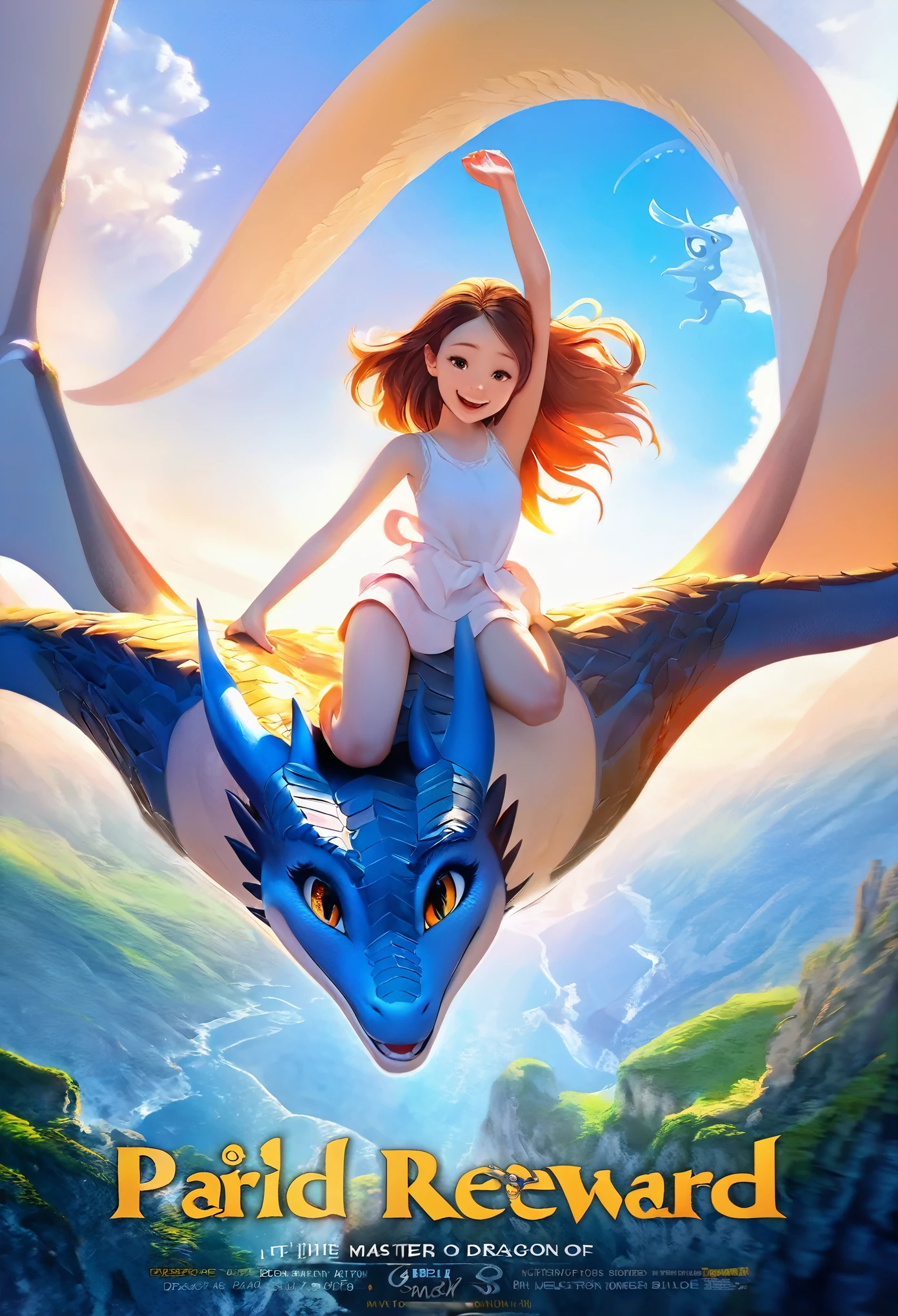 movie poster, highres, top quality, best quality, paid reward available, unparalleled masterpiece, perfect artwork, absurdres, High-quality illustrations, super high resolution, detailed background, perfect anatomy(1girl, large gragon)(animation, movie of a Dragon and human girl)blue sky, smile, smile, happy, joyful, cinematic lighting, title logo,