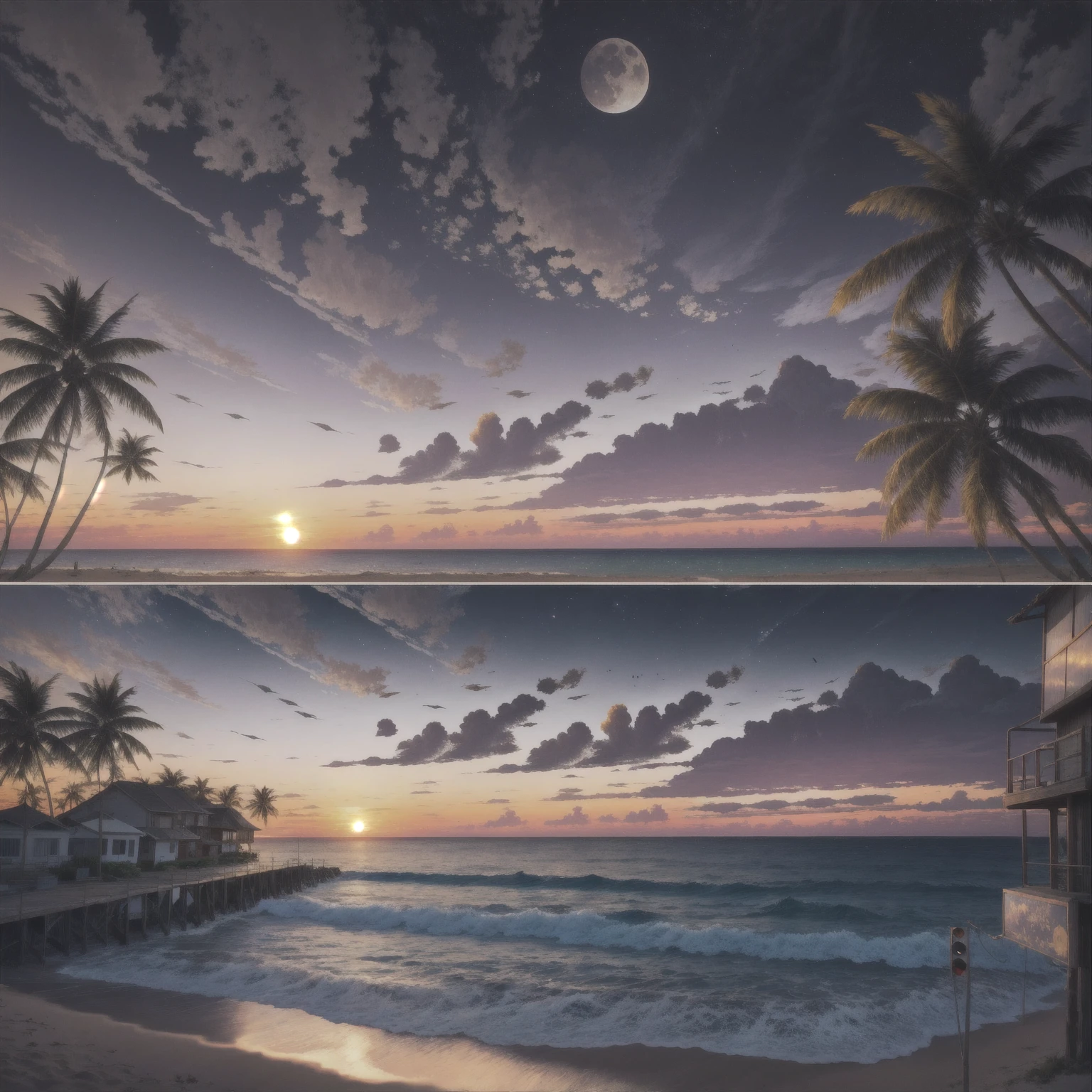 highres, imagination, (realistic), clear skies, composition, sunset, (hdr:1.5), billboards, intricate details.
Beautiful beach in the background, the waning moon appearing in the background in the right corner.
