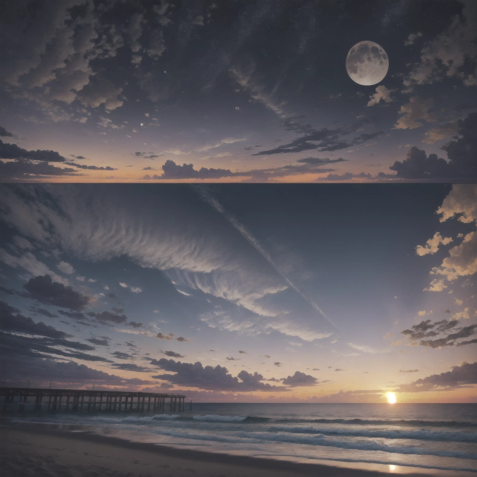 highres, imagination, (realistic), clear skies, composition, sunset, (hdr:1.5), billboards, intricate details.
Beautiful beach in the background, the waning moon appearing in the background in the right corner.
