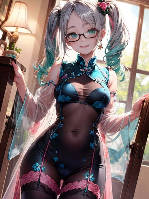 小さなgirl、Small breasts、The arrival of spring、Thick thighs、 (alone:1.5,)Very detailed,Bright colors, Very beautiful detailed anime faces and eyes, Look straight ahead, ;d, Shiny_skin,girl, ((Silver long hair,The inner color is red 、Forehead is exposed.、Green Eyes、Glasses、Shiny hair, Delicate beautiful face, blush、(Turquoise Eyes), White skin, Valletta, Earrings,、blue flower field、(((Star pattern pink、See-through、Long China Clothing、Black bloomers)))、Twin tails、smile、smile、Face dyed red、garter belt