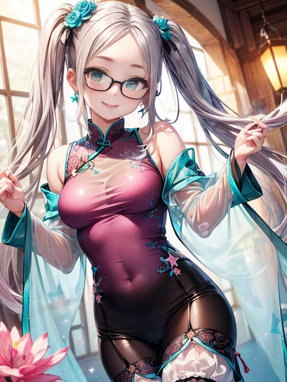 小さなgirl、Small breasts、The arrival of spring、Thick thighs、 (alone:1.5,)Very detailed,Bright colors, Very beautiful detailed anime faces and eyes, Look straight ahead, ;d, Shiny_skin,girl, ((Silver long hair,The inner color is red 、Forehead is exposed.、Green Eyes、Glasses、Shiny hair, Delicate beautiful face, blush、(Turquoise Eyes), White skin, Valletta, Earrings,、blue flower field、(((Star pattern pink、See-through、Long China Clothing、Black bloomers)))、Twin tails、smile、smile、Face dyed red、garter belt