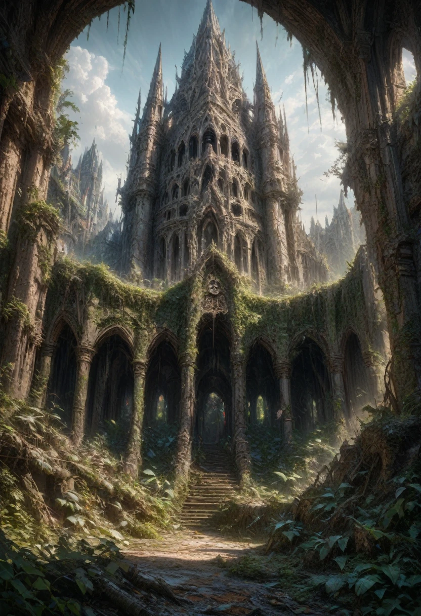 1girl, Post-Apocalyptic Wasteland, Overgrown Cathedrale Notre-Dame-de-Paris covered in vines and moss Ruins in Luxuriant Jungle, post-apocalyptic epic realistic detailed matte painting, deep color, fantastical, intricate detail, splash screen, complementary colors, fantasy concept art, 8k resolution trending on Artstation Unreal Engine 5