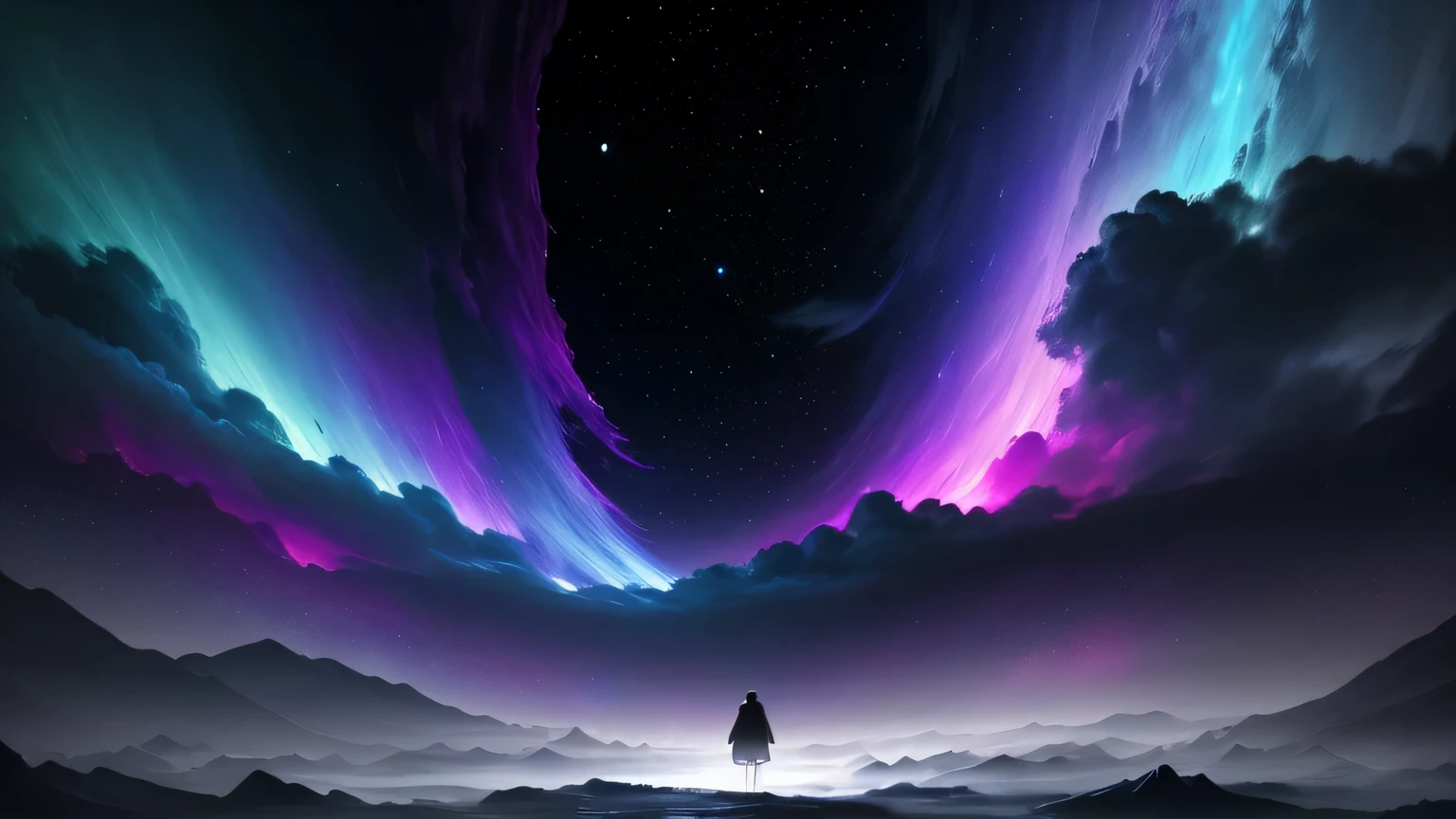 (best quality,4k,8k,highres,masterpiece:1.2),(Profound darkness:1.1),Boundless darkness,Dark tones,Faint light,Mysterious atmosphere,Boundless space,Origin of the universe,chaos,Clouds,Nebulae,