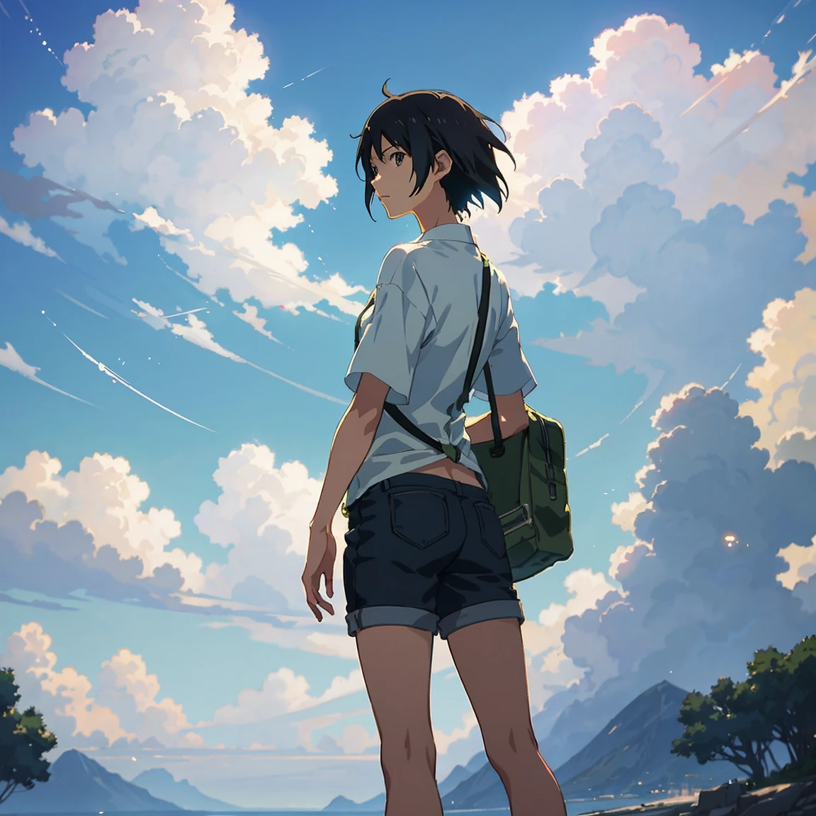 summer, makoto shinkai'Concept Art, tumbler, Magic realism, Beautiful anime scene, Beautiful sky. by makoto shinkai, ( ( makoto shinkai ) ), Anime Background Art, Anime Background, makoto shinkai'style, Anime movie background, Galaxy Express, No humans. --v6