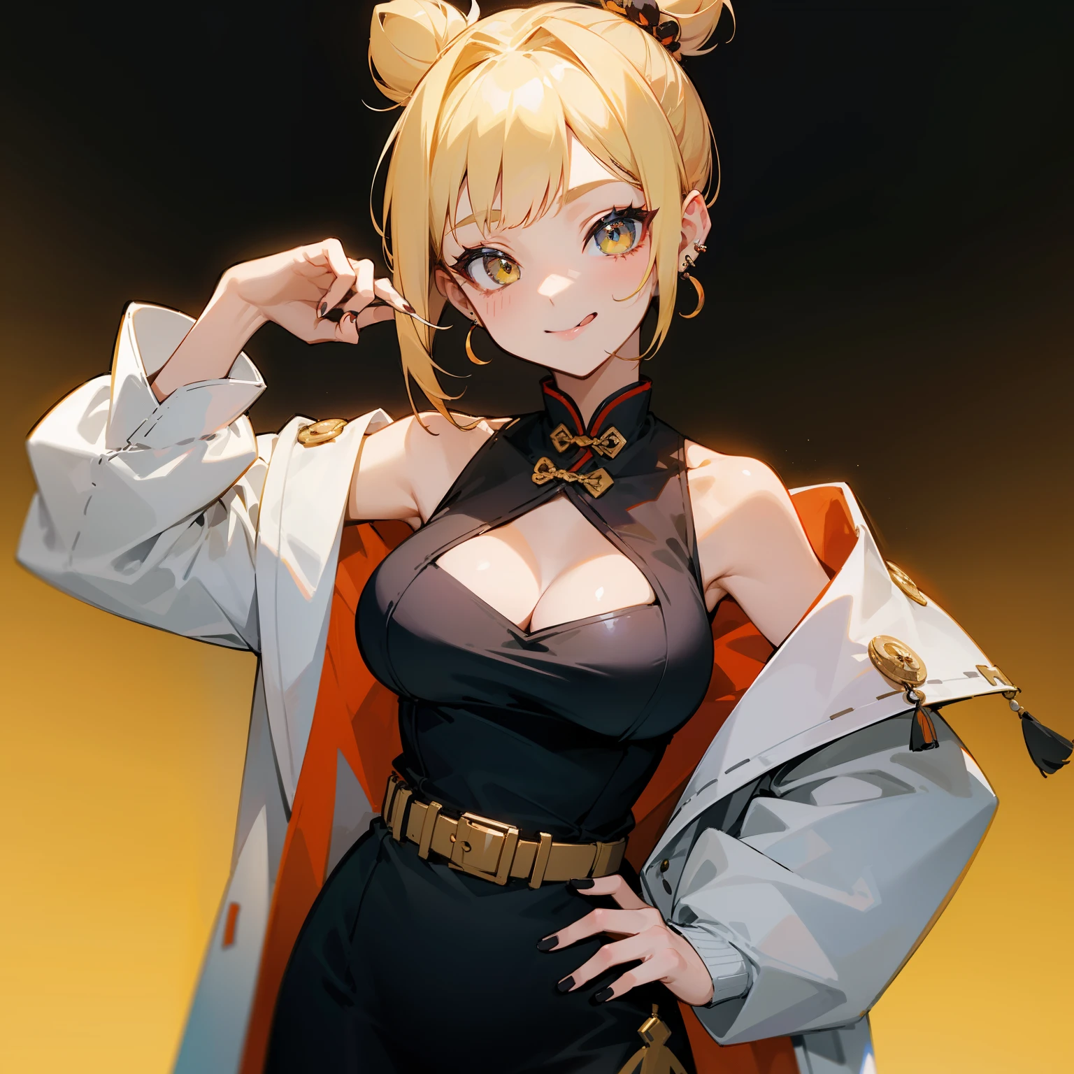 1girl, solo, black_nails, tongue, tongue_out, breasts, jewelry, yellow_background, earrings, virtual_youtuber, hair_bun, double_bun, clothing_cutout, cleavage_cutout, cleavage, jacket, looking_at_viewer, hand_on_hip, hair_ornament, smile, tassel, nail_polish, off_shoulder, blonde_hair, belt, white_jacket, medium_breasts, dress, bangs, :q, chinese_clothes, gradient