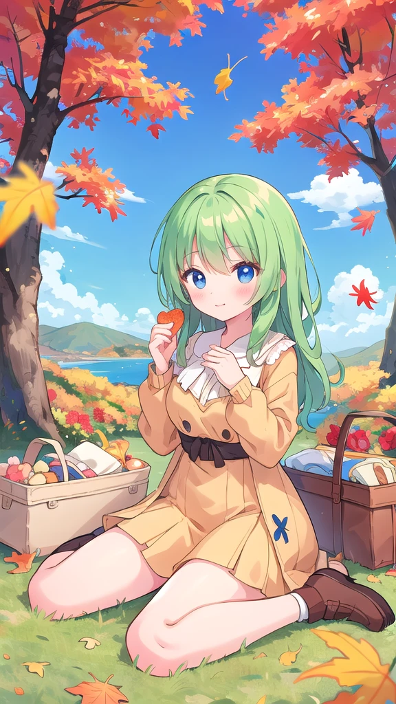 Beautiful illustrations, highest quality, pretty girl, picnic, Wariza, autumn leaves