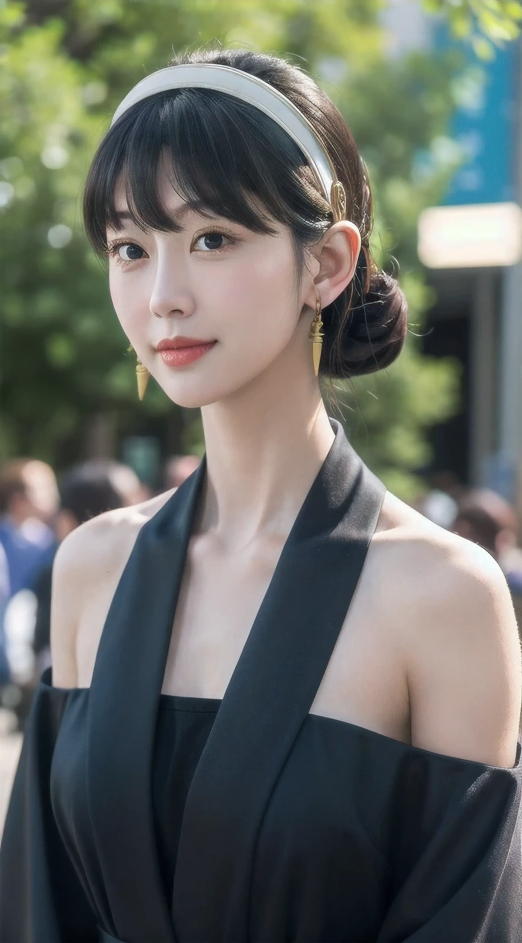 yor, Mature female, bangs, side locks, Red eyes, Black hair, hair adornments,sportrait, (face:1.2), girls, ssmile,bare shoulders, Black hair, walking at time square buzz, (Robe:1.21), clavicle, Willow Branch, (masterpiece best quality :1.2),