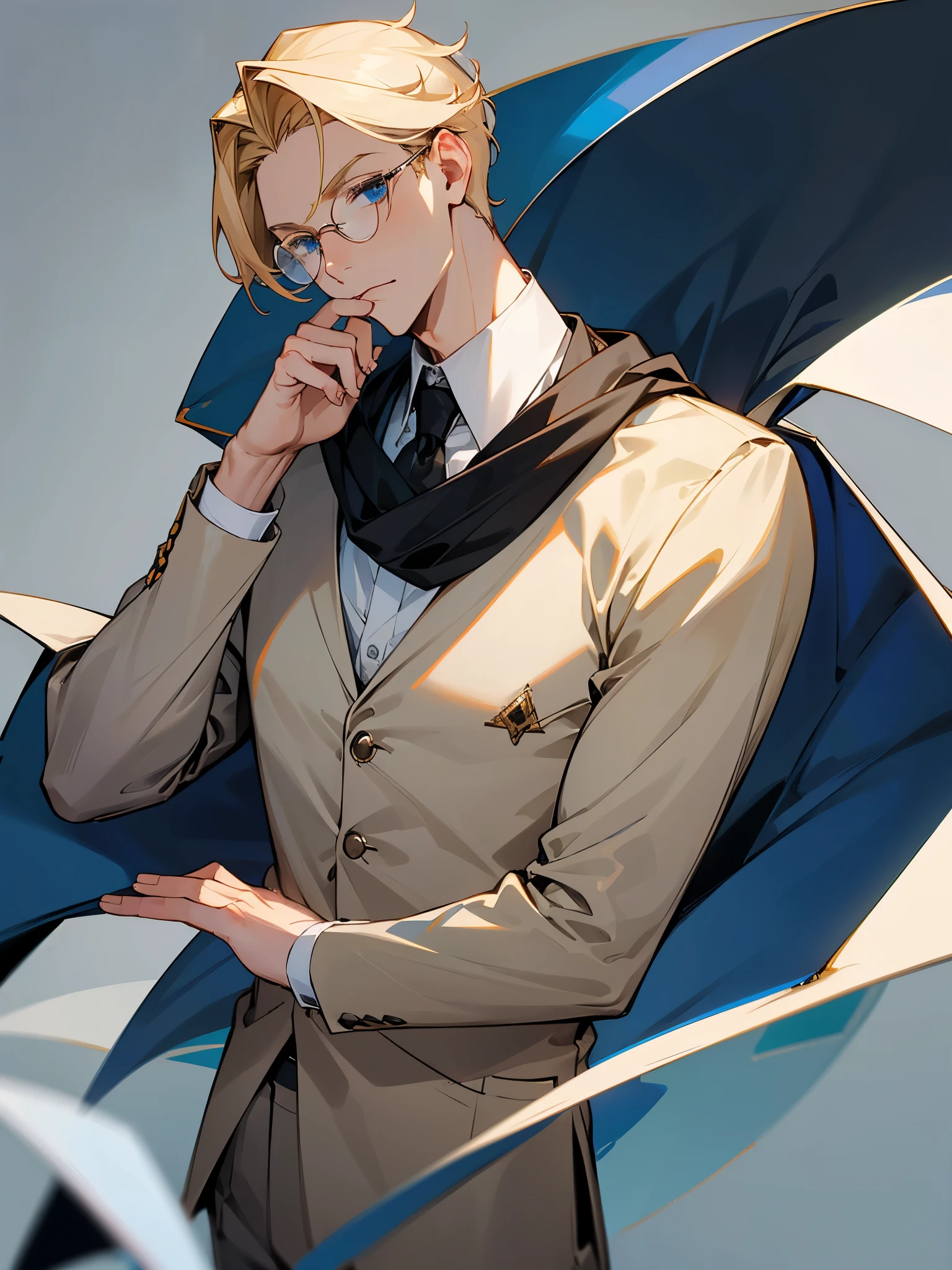 male teacher, blond with parted hair, blue eyes, rectangular glasses, elegant gray outfit