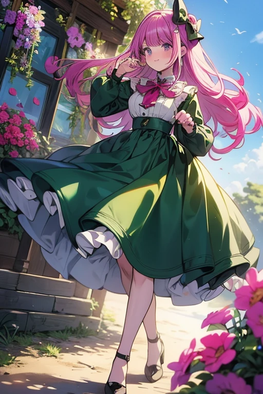 beautiful adult women elf, long pink hair and blue streaks hair, green eyes, with flower crown, smile, flirty bard, aiming an arrow from archery weapon, boots, blue and pink armor dress, medium bust, full body.