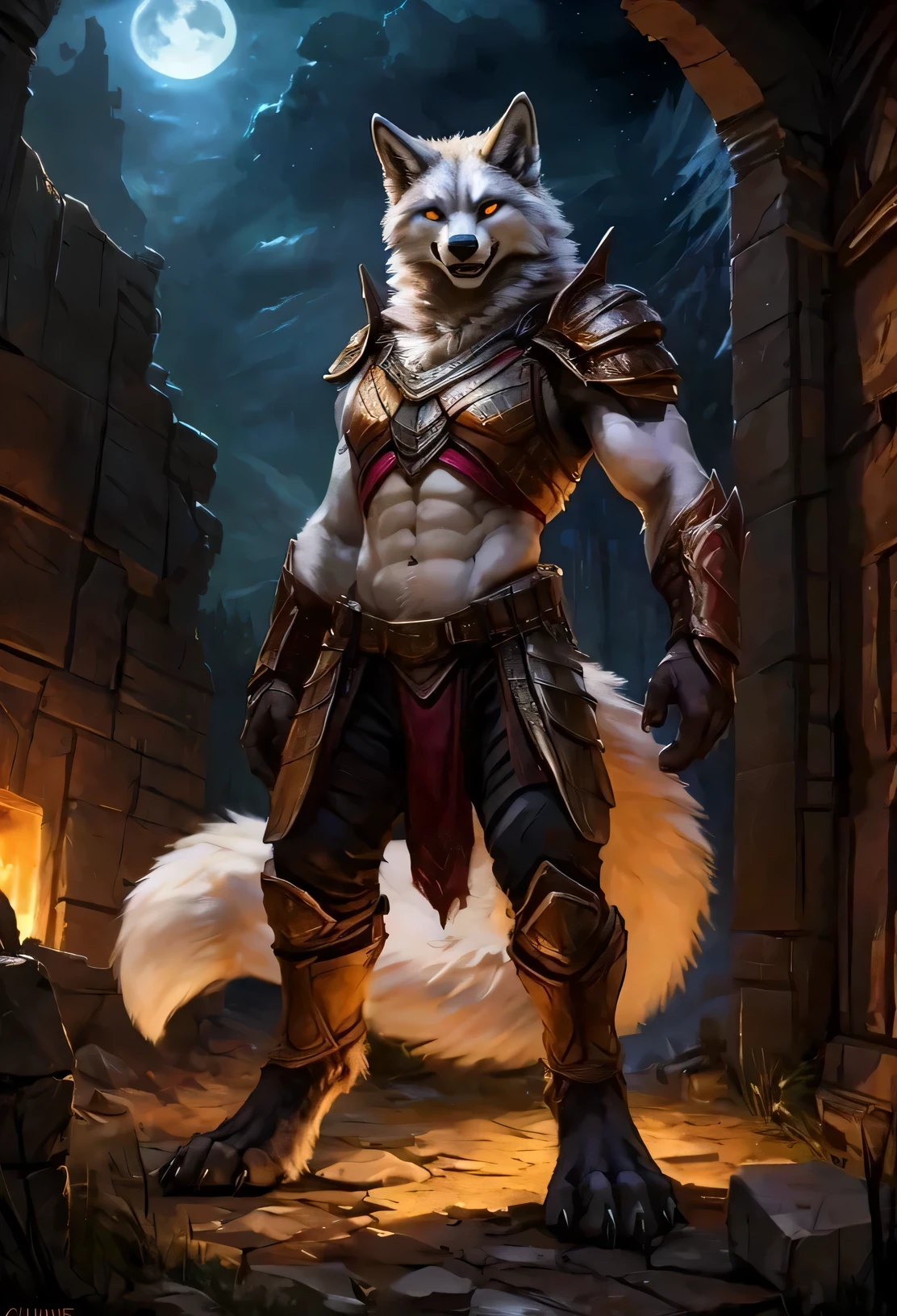 ((fox tail)), anthro fox, furry female, white fox, (white fur), glowing golden eyes, no pupils, crazy eyes, angry, ruins, dark night, standing, looking at viewer, full body, (1 tail), crazy, angry, bloodthisty, evil, (seductive), (charming), (abdominal muscles), large breasts, muscular, massice biceps, wide waist, Broad shoulders, Strong thighs, solo, horror core, dark, female, tojo the thief, kenket, chunie, darkgem, anthro, ((detailed face)), (white fur), (chest armor), detailed realistic painting, night, (ultra detailed), detailed background, digitigrade, The very detailed, depth of field, unreal engine, (masterpiece), anatomically correct, expressive, epic setting,