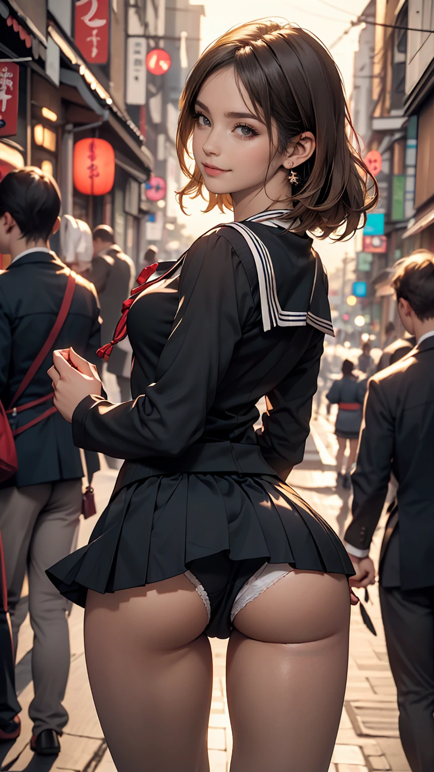 (2 girls, , Same height :1.2) ,Rear view, Couple Focus , Japanese Girls , (smile:0.7), Stand next to each other , Upper Body, Please reconsider, (Never wear a skirt), ((Sailor suit, Long sleeve)), Realistic butt crack, にやにやのsmile, Very short hair , (High saturation:1.0), (Highly detailed skin), (highest quality:1.0), (Ultra-high resolution:1.0) ,(Realistic:1.0), (Very detailed:1.0), (8K, Raw photo:1.1), (((Realistic and beautiful ass, Small Ass, I can see your ass))), (((No underwear)))
