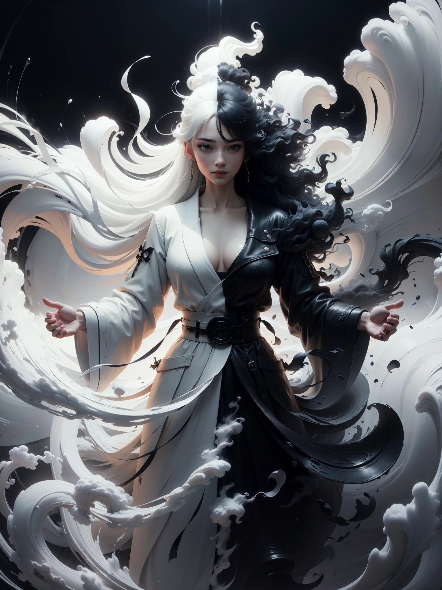 wabstyle, glowing, robe, (fog,:1.2) (mist:1.2), smoke, woman composed of white light, woman composed of black smoke, fire, sun, (photorealistic:1.4), cowboy shot, cinematic angle, fisheye, motion blur, nude, sexly, shoujo kitou-chuu,blue fire, frie rain, Long hair fluttering in the wind, loong, wave, The best smile when you see me、cute emo woman, long dark (white and black hair), punk-rock Lolita, natural breasts, waist up portrait, full body portrait, fashion photography, long wavy white and black hair, ((long black leather coat)), perfect face, ((full body portrait)) no background, Ultra-high definition beautiful teeth, realistic hands