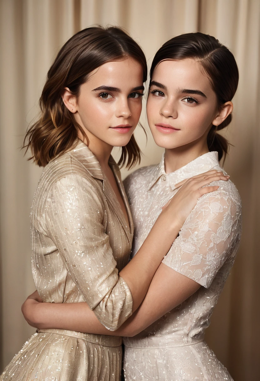 (2girls:1.1), (Emma Watson:1.2), (Hailee Steinfeld:1.3), hugging, posing for picture, model-shoot style, magazine cover photo style, (beautiful, hot, attractive), soft sensual lighting, hyperrealism, ultra realism, cinematic portrait, film grain, bokeh, evening shot, (smile:0.4), (skin texture:1.7), (high detail face:1.8), full bodyshot, high detail body, high detail clothes, (masterpiece), (realistic), ultra high definition, 4k, ultra high resolution, film grain, photo by Arny Freytag, RAW image, perfect body, beautiful body, firm abs, extremely detailed, intricate details, highly detailed, detailed skin, realistic skin texture, texture, detailed eyes, maximum detail, roughness, real life, ultra realistic, photorealism, photography, absurdres, highest quality, professional photo, highres, super detailed