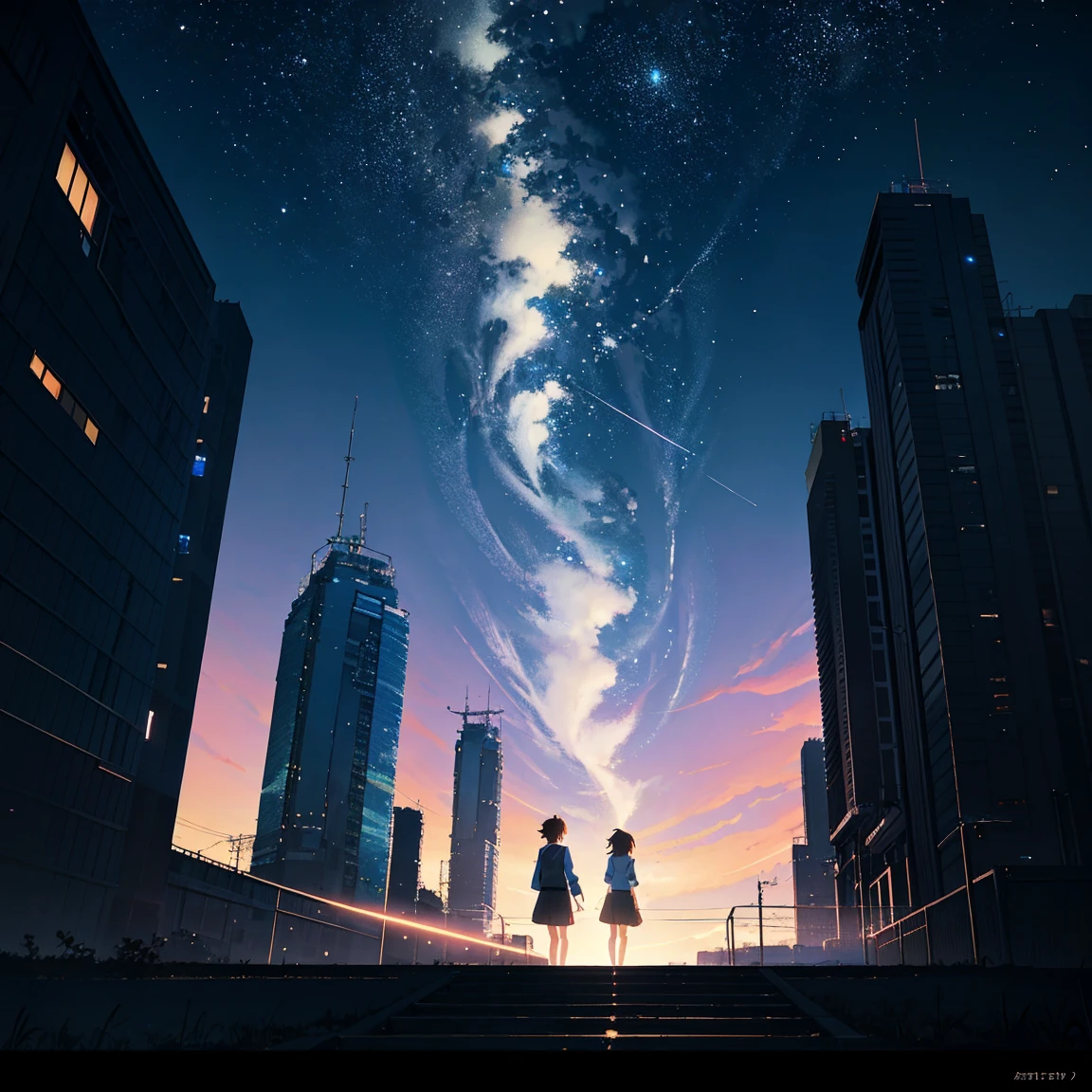 summer, makoto shinkai'Concept Art, tumbler, Magic realism, Beautiful anime scene, Beautiful sky. by makoto shinkai, ( ( makoto shinkai ) ), Anime Background Art, Anime Background, makoto shinkai'style, Anime movie background, Galaxy Express, No humans. --v6