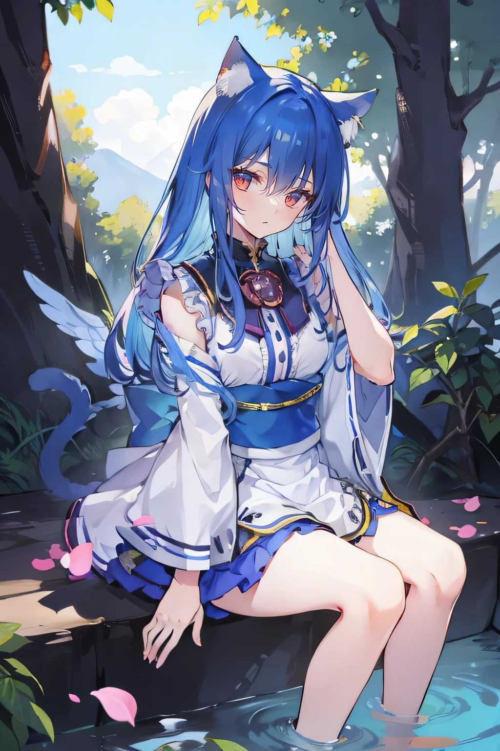 (masterpiece:1.2),ultra-detailed,realistic,expressive eyes,fair-skinned,perfectly shaped face,1girl,
Japanese cartoons,Gorgeous blue hair, flowing blue hair,floating clothes,cat ears,petals falling,beautiful Lola,Hina Angel,
hands on waist,gracefully sitting on the ground,legs crossed,gentle and serene background,cool and comfortable pavilion.