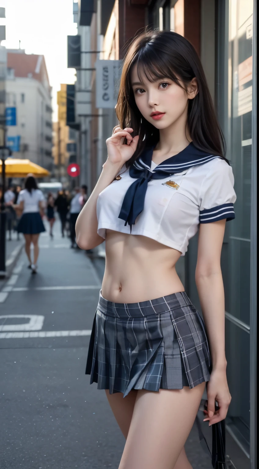 (masterpiece,highest quality,Super high resolution),japanese girl, （very beautiful  girl）,naive girl、(perfect limbs、perfect anatomy),standing on neon street in the middle of the night、Phenomenally cute 、Wearing Japanese school uniform、japanese school uniform、surreal 、dressed like a high school girl、surreal 、wearing a uniform、girl in uniform、wearing a uniform、 Pause、Full body Esbian、nice skin、glowing skin、nice thighs、Shining thighs、shining legs、Black high socks above the knee、Japanese high school 、beautiful skin、Moist eyes、Brown glittery hair、Colors and landscapes of youth、Feeling of love, embarrassing smile, go to school, morning, Sheer, Wet,(lift up the skirt)、(White panties are visible)、超絶に可愛らしい幼い顔の女の子、下から犯す