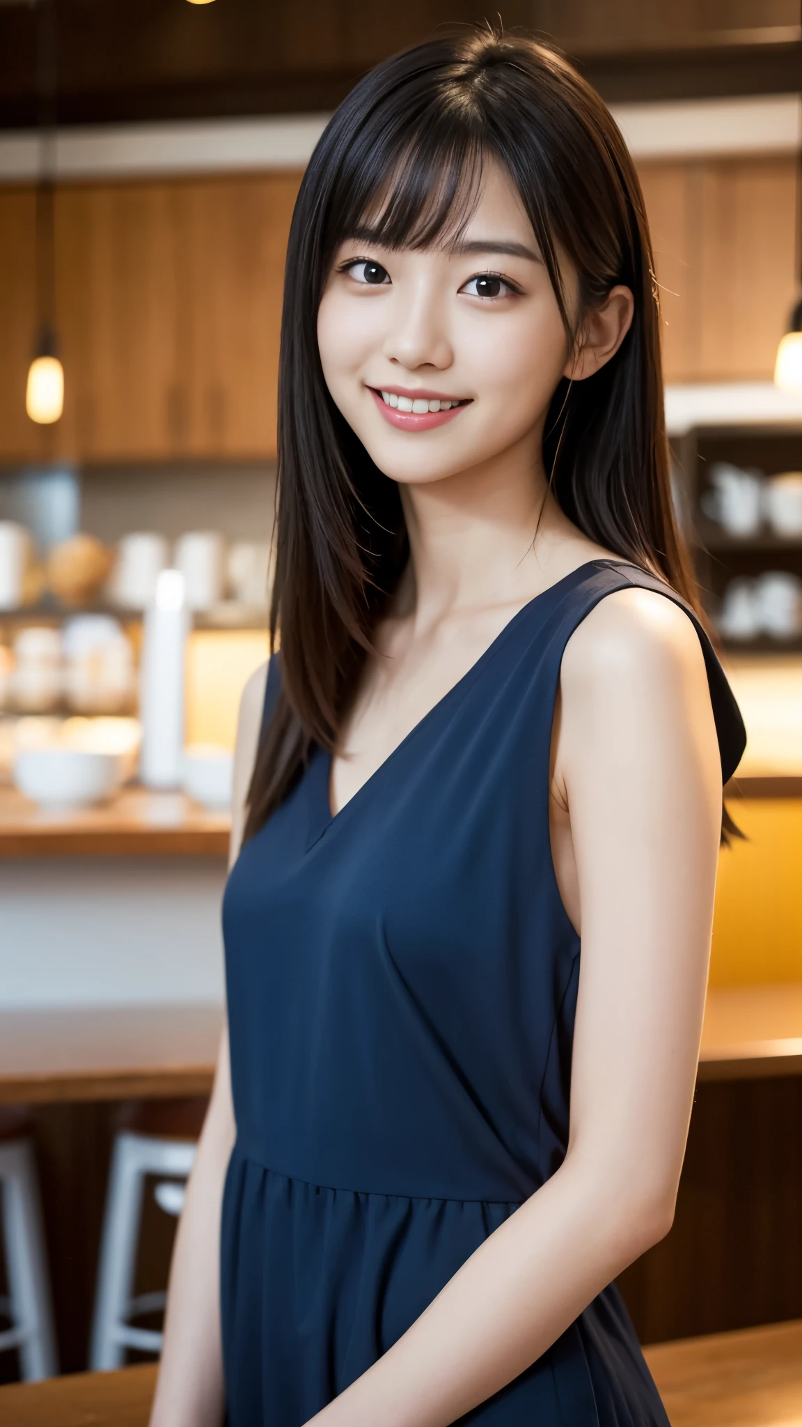 ((Best Quality)), (Realistic:1.2), 8k, high resolution, 25 years old japanese woman like cute idol, bangs, shy smile, in a stylish city cafe
