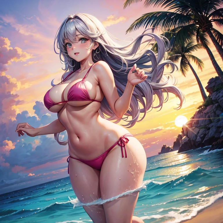 A woman with a voluptuous figure who resembles Luna Maria Hawke is wearing a pink bikini and frolicking on the beach as the setting sun shines.