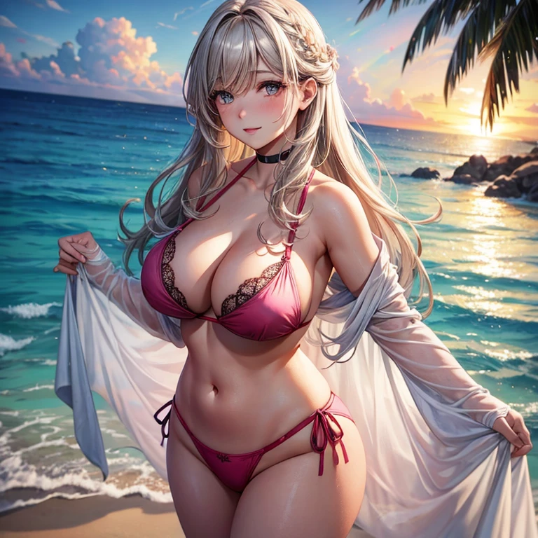 A woman with a voluptuous figure who resembles Luna Maria Hawke is wearing a pink bikini and frolicking on the beach as the setting sun shines.