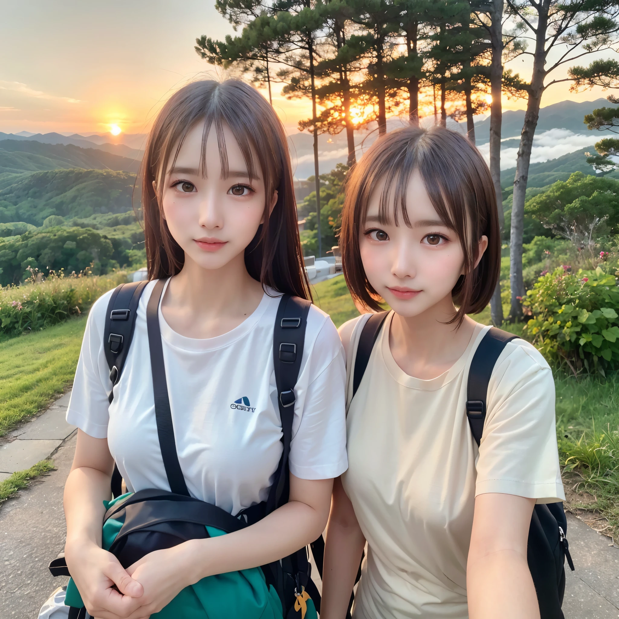 highest quality, masterpiece, Ultra-high resolution, (Realistic:1.3), RAW Photos, (Nature landscape photography), (Majestic Mountain, sea of clouds), (on top of a very high mountain), (Fantasy, sunset), 
(One girl), (Upper Body), (20-year-old), (A shy smile), (Shiny skin), (Beautiful poop), 
(White T-shirt), (Trekking shorts), (Backpack), 
(Very delicate face), (ultra Beautiful poop), (Very delicate eyes), (Highly detailed nose), (Very sophisticated mouth), (Very skilled hands), (Super-detailed body),  Sony a7, 85mm lens, f9.0