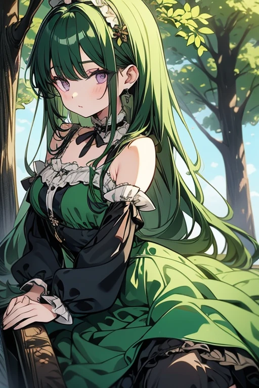 A green haired girl with purple eyes and an hourglass figure in a green Lolita dress is leaning against a tree