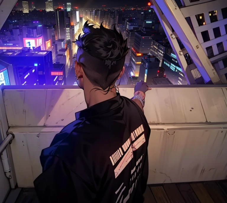 arafed man looking out over a city at night, on rooftop tokyo night, on future tokyo night rooftop, skyline in back, on tokyo cyberpunk night rooftop, great view, looking over city, looking at the city, looking out, jody highroller, calm night. over shoulder shot, profile image, nice view, looking out the window, looking sideway