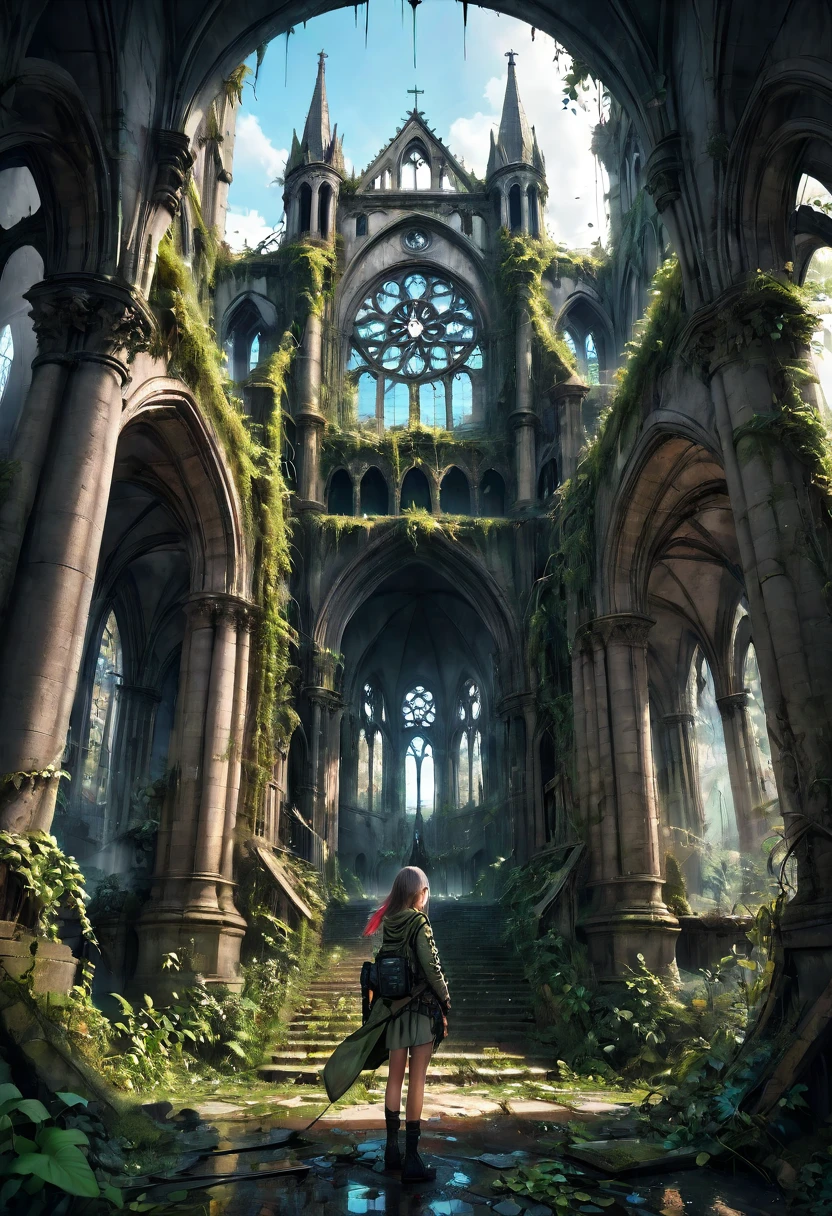 1girl, Post-Apocalyptic Wasteland, Overgrown Cathedrale Notre-Dame-de-Paris covered in vines  and moss Ruins in Luxuriant Jungle, post-apocalyptic epic realistic detailed matte painting, deep color, fantastical, intricate detail, splash screen, complementary colors, fantasy concept art, 8k resolution trending on Artstation Unreal Engine 5