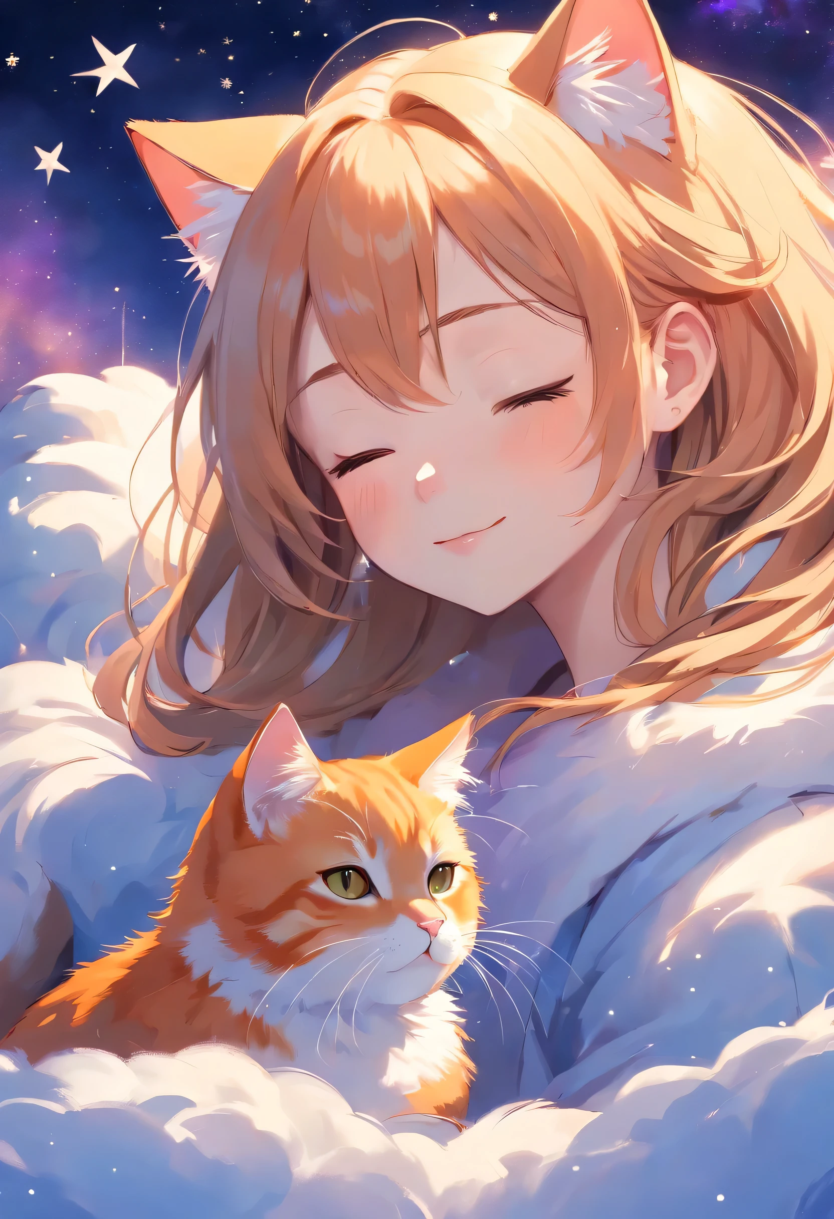 The angle of view is a close-up，HD, Disney Pixar style, digital painting, natural lighting, rich background, edge lighting, dreamy color tone, color palette, aspect ratio 16:9This picture depicts a small orange-and-white cat lying peacefully on a cloud that looks like snow, with its eyes closed, as if enjoying a sweet dream. The cat’s expression is very calm and content, with its mouth corners slightly turned up as if it’s smiling. The background of the painting is a dreamlike starry sky, adorned with dangling stars and soft halos, some of which connect with graceful lines to create a quiet and peaceful night atmosphere.The overall style can be described as full of fantasy and fairy-tale colors. The entire image is dominated by warm and bright colors, The use of color is soft and layered; the orange and white cat contrasts sharply with the dark blue and purple background, creating a warm versus cool tone that enhances the snug feel of the picture.presenting a peaceful, warm, and pleasant feeling that makes one’s mood very relaxed and happy after looking at it. In addition, the details of the painting are exquisitely handled, such as the texture of the cat’s fur, the fluffiness of the clouds, and the twinkling starlight, all of which add to the picture’s delicacy and charm.close eyes