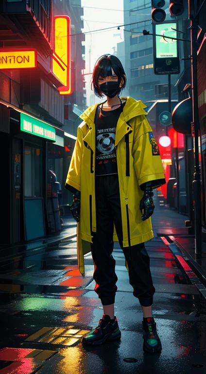 Masterpiece, highest quality, realistic, subsurface scattering, chromatic lighting, colorized, red + yellow + green + blue limited color palette, detailed concept drawing, line-art, illustration, cyberpunk,1man, face mask,robotic companion, urban armor, cybernetic enhancements, rainy neon streets, hidden resistance, neon green , coded messages, WOWEARN logo t-shirt,full body