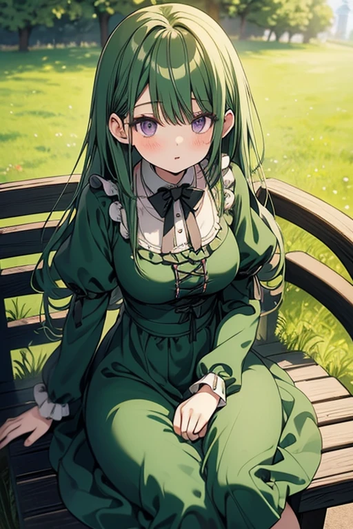 A green haired girl with purple eyes and an hourglass figure in a green Lolita dress is sitting with a blush on a bench in the park