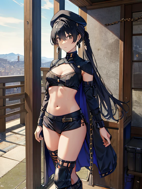 thynasha, 18yo girl Dark blue hair,long hair,ponytail,hair between eyes,bangs,outdoors,cityscape,standing,armor best,assault rifle,camouflage,holding weapon,load bearing vest,saide backpack,full body,best quality,masterpiece,highres,official art,extremely detailed cg unity 8k wallpaper(black beret, black jacket, open clothes, cleavage, midriff, black medium skirts, black thighhighs, thigh strap, fingerless gloves, single glove:1.2), Photo,sharpness, F1.6 lens,hyper-realistic textures,spectacular light textures, Cinestil 800 Fashion Mechanics,(((Beautiful woman with left leg restrained , hand hung by chains))),Appearance,Beautiful girl with accentuated slender abs: 1.1,six-pack abs: 1.1, Bust Botox,Standing on tiptoe, long legs,Long brown hair fluttering in the wind,Brown hair, Long hair, Female Warrior Costume,(No panties,No bra),(tacticul battle fashion,elbow and knee tacticul battle fashion, battle glove: 1.1),((cute batre costume)),The belly comes out and the navel is visible,Thin sheer costume, combat gloves,shredded costumes,cyber long combat boots with golden knee pads,Anatomical,(futuristic sci-fi battle fashion, new elbow and knee cyberpads, new cyberlong boots, new cybergloves: 1.1),(tied perfectly by iron chain), Restraint, Slave, collars, contempt, (Chained), 4 chains hung from heaven, Metallic shackles and fetters, wet crotch clearly visible,((Hands are restrained above the head)), the neck is chained,Chain from left knee to heaven,Chained by rusty iron chains,((the tip is protruding, areolas protruding,The shape of the pubic harearea is clearly visible:1.2)),Sweating,Wet,Wet crotch,Wet thighs,Junkyard, Realistic, (cute, perfect clothes, skimpy clothes, cute: 1.3) ,Vast miritary base in us,((wide mirtary hospital with summer sunlight)), peeling ceilings, Rebar between, Realistic material details, Extreme details, Ultra-realistic materials,narrow waist,(Sexy belly,Constricted hips, beautiful medium ass:1.5),(with sparkling eyes and a contagious smile:0.9)