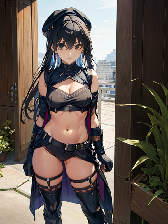 thynasha, 18yo girl Dark blue hair,long hair,ponytail,hair between eyes,bangs,outdoors,cityscape,standing,armor best,assault rifle,camouflage,holding weapon,load bearing vest,saide backpack,full body,best quality,masterpiece,highres,official art,extremely detailed cg unity 8k wallpaper(black beret, black jacket, open clothes, cleavage, midriff, black medium skirts, black thighhighs, thigh strap, fingerless gloves, single glove:1.2), Photo,sharpness, F1.6 lens,hyper-realistic textures,spectacular light textures, Cinestil 800 Fashion Mechanics,(((Beautiful woman with left leg restrained , hand hung by chains))),Appearance,Beautiful girl with accentuated slender abs: 1.1,six-pack abs: 1.1, Bust Botox,Standing on tiptoe, long legs,Long brown hair fluttering in the wind,Brown hair, Long hair, Female Warrior Costume,(No panties,No bra),(tacticul battle fashion,elbow and knee tacticul battle fashion, battle glove: 1.1),((cute batre costume)),The belly comes out and the navel is visible,Thin sheer costume, combat gloves,shredded costumes,cyber long combat boots with golden knee pads,Anatomical,(futuristic sci-fi battle fashion, new elbow and knee cyberpads, new cyberlong boots, new cybergloves: 1.1),(tied perfectly by iron chain), Restraint, Slave, collars, contempt, (Chained), 4 chains hung from heaven, Metallic shackles and fetters, wet crotch clearly visible,((Hands are restrained above the head)), the neck is chained,Chain from left knee to heaven,Chained by rusty iron chains,((the tip is protruding, areolas protruding,The shape of the pubic harearea is clearly visible:1.2)),Sweating,Wet,Wet crotch,Wet thighs,Junkyard, Realistic, (cute, perfect clothes, skimpy clothes, cute: 1.3) ,Vast miritary base in us,((wide mirtary hospital with summer sunlight)), peeling ceilings, Rebar between, Realistic material details, Extreme details, Ultra-realistic materials,narrow waist,(Sexy belly,Constricted hips, beautiful medium ass:1.5),(with sparkling eyes and a contagious smile:0.9)