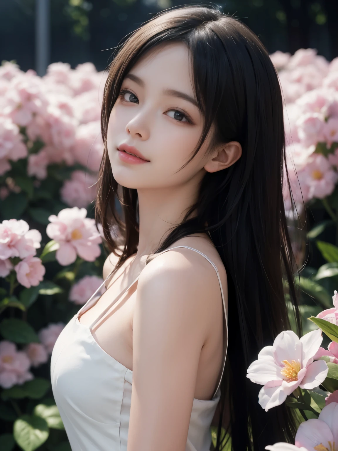(ultra realistic) , (illustration), (increase resolution), (8K), (extremely detailed), (best illustration), (beautiful detailed eyes), (best quality), (ultra-detailed), (masterpiece), (wallpaper), (detailed face), solo,1 girl, looking at viewers, black straight hair, delicate details, in the dark, deep shadow, low key, pureerosfaceace_v1, happy smile, summer dress, full body, flower garden