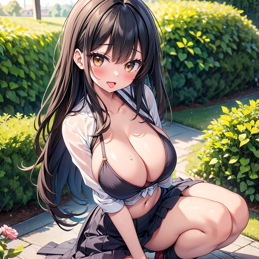 highest quality、masterpiece、超A high resolution、(Photoreal:1.4)、A girl yawning in the garden、panting face、black haired、functional、Bewitching、dramatic lighting、Full body Esbian、maikurobikini、huge breasts、coming from behind、garden、Pubic hair is visible、crawl on all fours、blushing face、functional、dirty,, saliva,1girl, breasts, tongue, looking at viewer, open mouth, cum on body, brown eyes, solo, shirt, tongue out, cleavage, cum on breasts, large breasts,, blush,