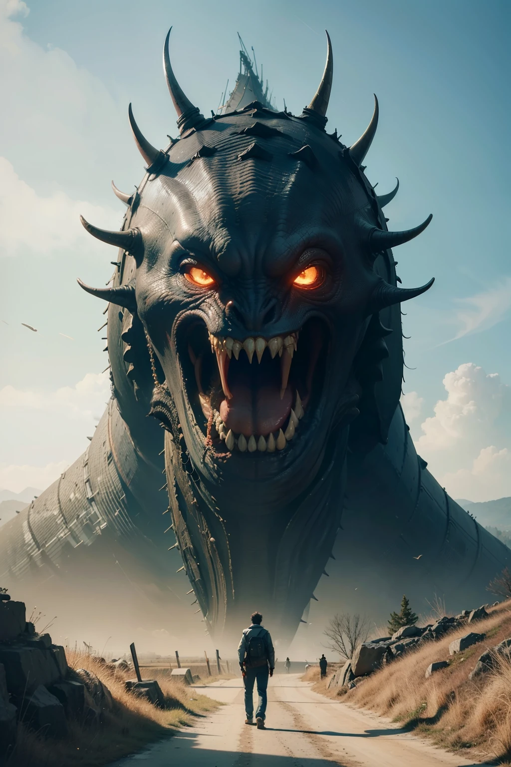 A very detailed painting,Depicts a man on a hill gazing at a giant alien monster, author:Shinkai Makoto, By Art Jem, From Wlop, author:Greg Rutkowski, Volumetric Lighting, Octane Rendering, 4K resolution, Popular on artstation, masterpiece