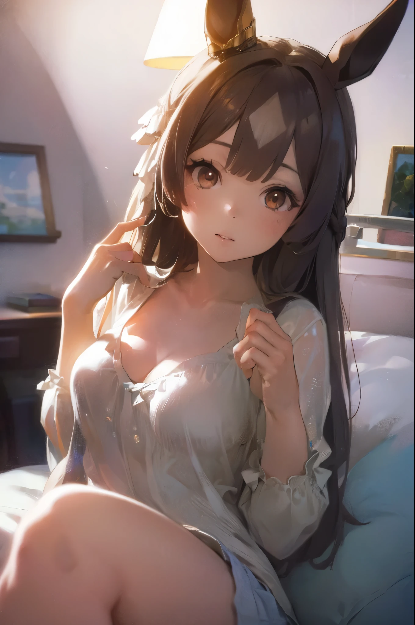 satono diamond,umamusume、A  girl wearing only a white pajama top and no panties,The areola is visible,((Small breasts)),Sitting on the bed,(highest quality、4k、8k、High Resolution、masterpiece:1.2)、Super detailed、(Photorealistic:1.37)、Portrait、Sharp Focus、feminine、delicate、White skin、Subtle curves、Gentle expression、Soft lighting、Bright colors、Artistic atmosphere,