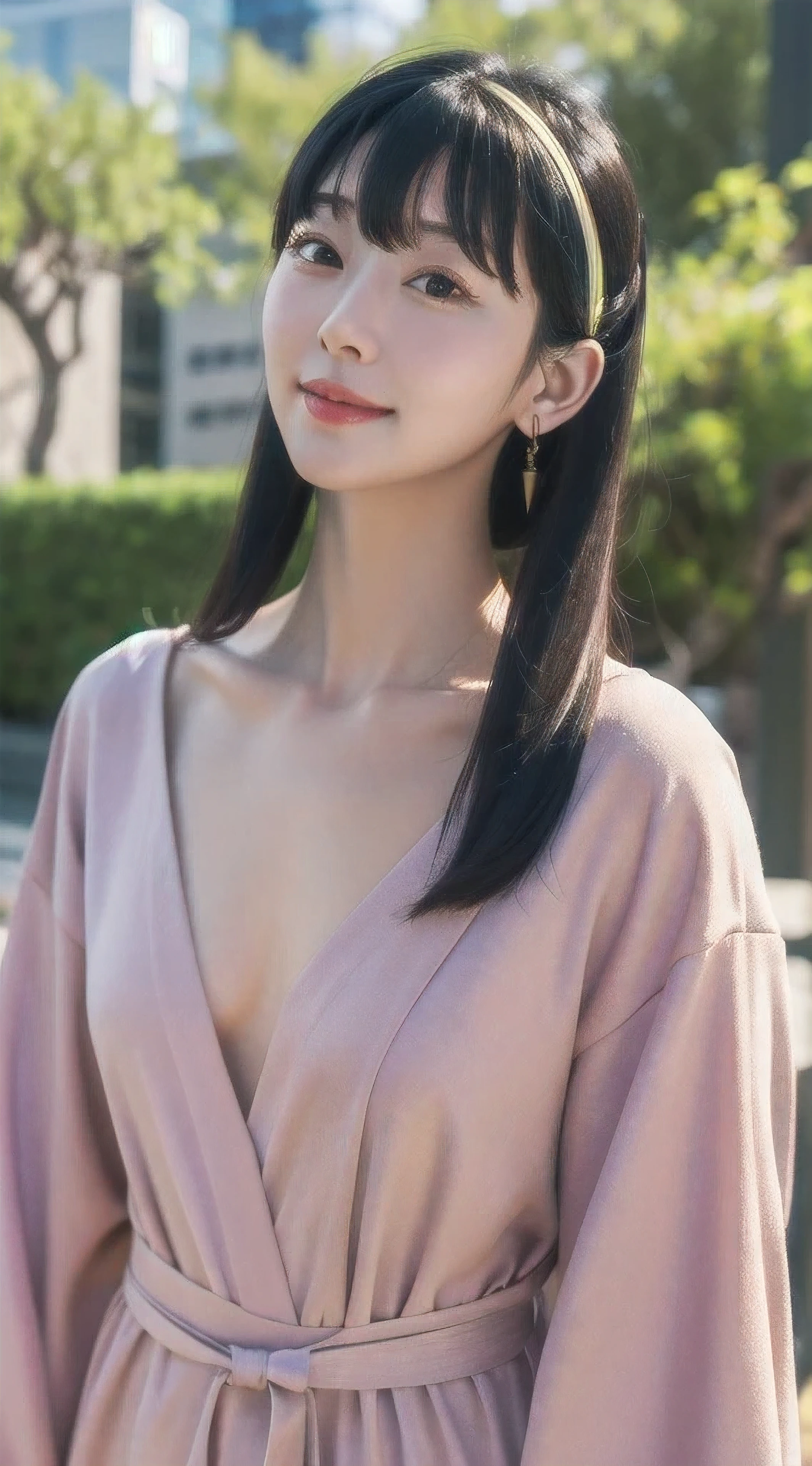 yor, Mature female, bangs, side locks, Red eyes, Black hair, hair adornments,sportrait, (face:1.2), schoolgirls, ssmile,bare shoulders, Black hair, walking at time square buzz, (Robe:1.21), clavicle, Willow Branch, (masterpiece best quality :1.2),