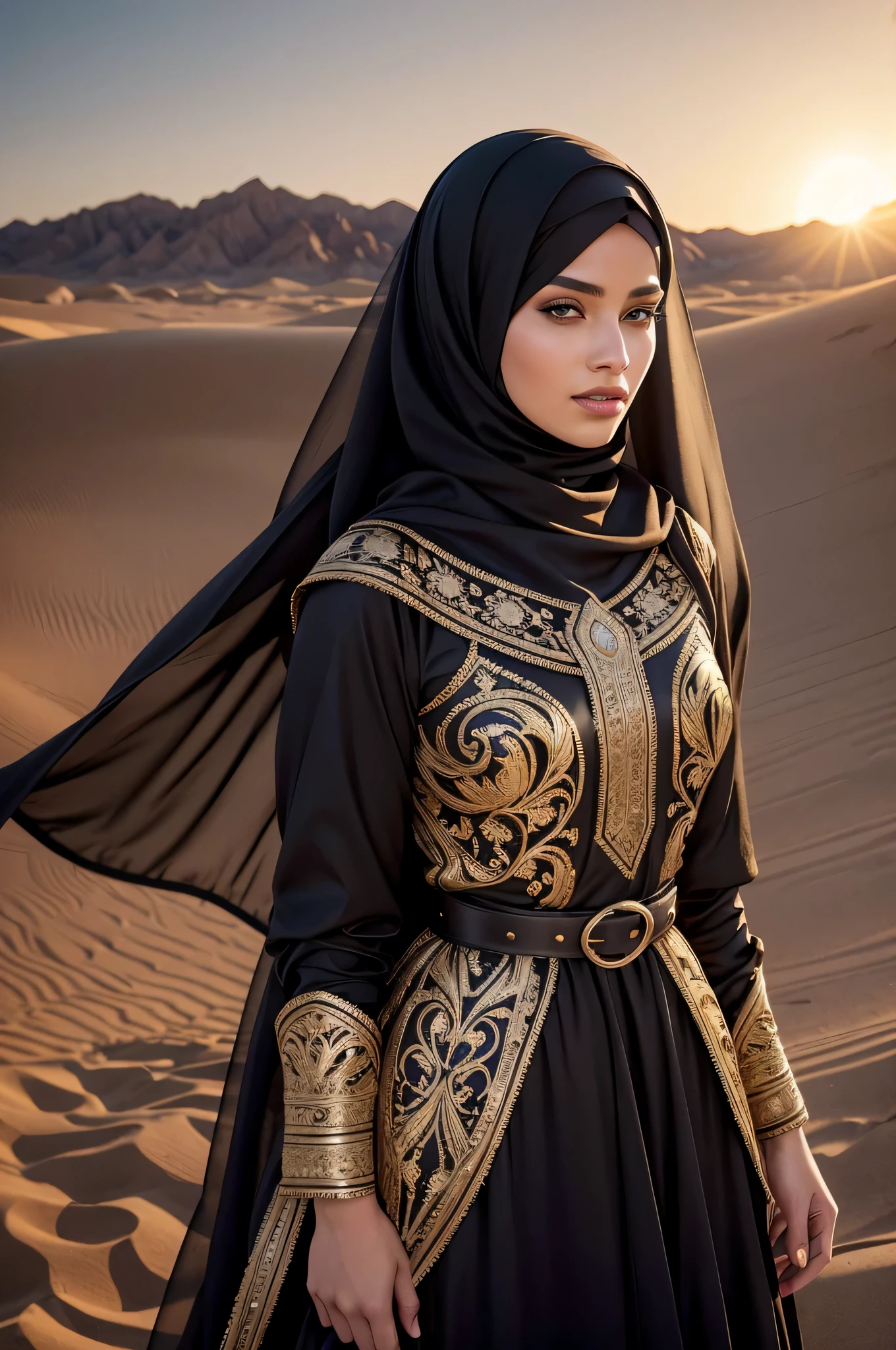 Best quality, high resolution, Masterpiece: 1.3, Beautiful hijabi girl with niqab and veil, Wearing satin abaya and leather armor, Masterpiece, Mysterious allure, Realistic, 1girl, Elegant demeanor, Charming eyes, hidden smile, profound gaze, Detailed abaya, Shimmering satin fabric, Delicate embroidery, Protective leather armor, Metallic sheen, Intricate patterns, Suspended belts, Sharp edges, Strapped sandals, Glowing aura, Serene expression, Dramatic lighting, Ethereal surroundings, Desert theme, Golden dunes, Sunset