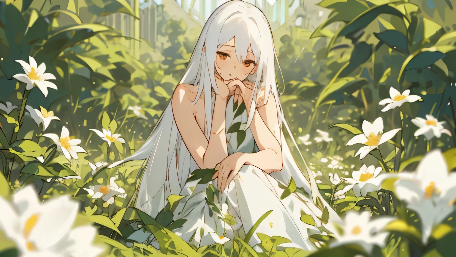 (masterpiece, best quality),1. Girl with long white hair sits in a field of green plants and flowers, her hand under her chin, Warm lighting, nude, Blurred foreground