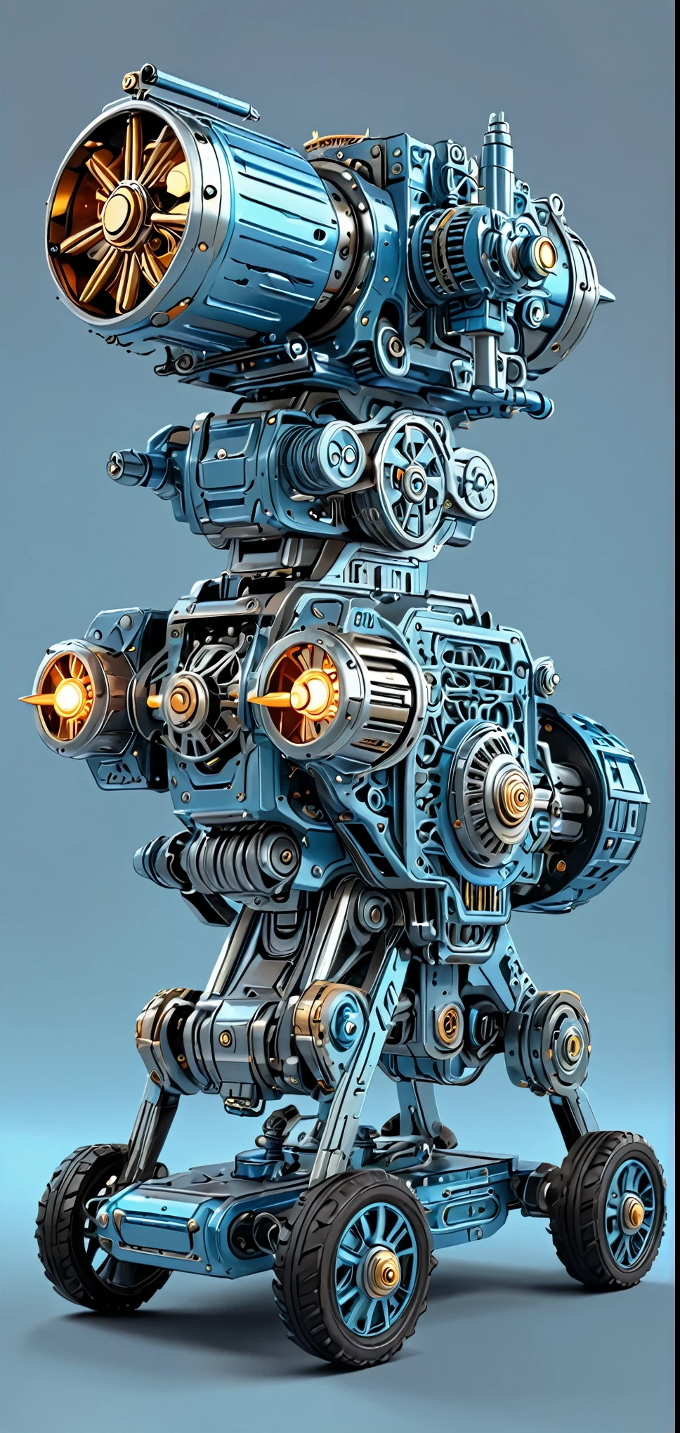 Vector cartoon illustration, Full Shot, (((Mobile Gatling gun)),((Decisive Weapon)),((Special Vehicles)),Design a fascinating mechanical automaton that represents the element of air, Polished metal body, Delicate, Dimly glowing LED light, Light blue intricate design, elegant, Masterpieces with up to 16K resolution, Great quality. | ((more_detailed))