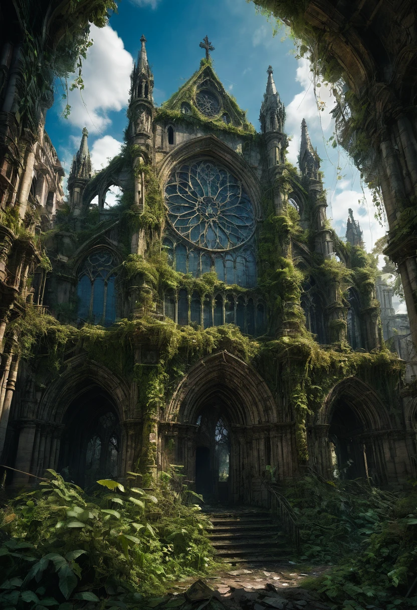 1girl, Post-Apocalyptic Wasteland, Overgrown Cathedrale Notre-Dame-de-Paris covered in vines and moss Ruins in Luxuriant Jungle, post-apocalyptic epic realistic detailed matte painting, deep color, fantastical, intricate detail, splash screen, complementary colors, fantasy concept art, 8k resolution trending on Artstation Unreal Engine 5