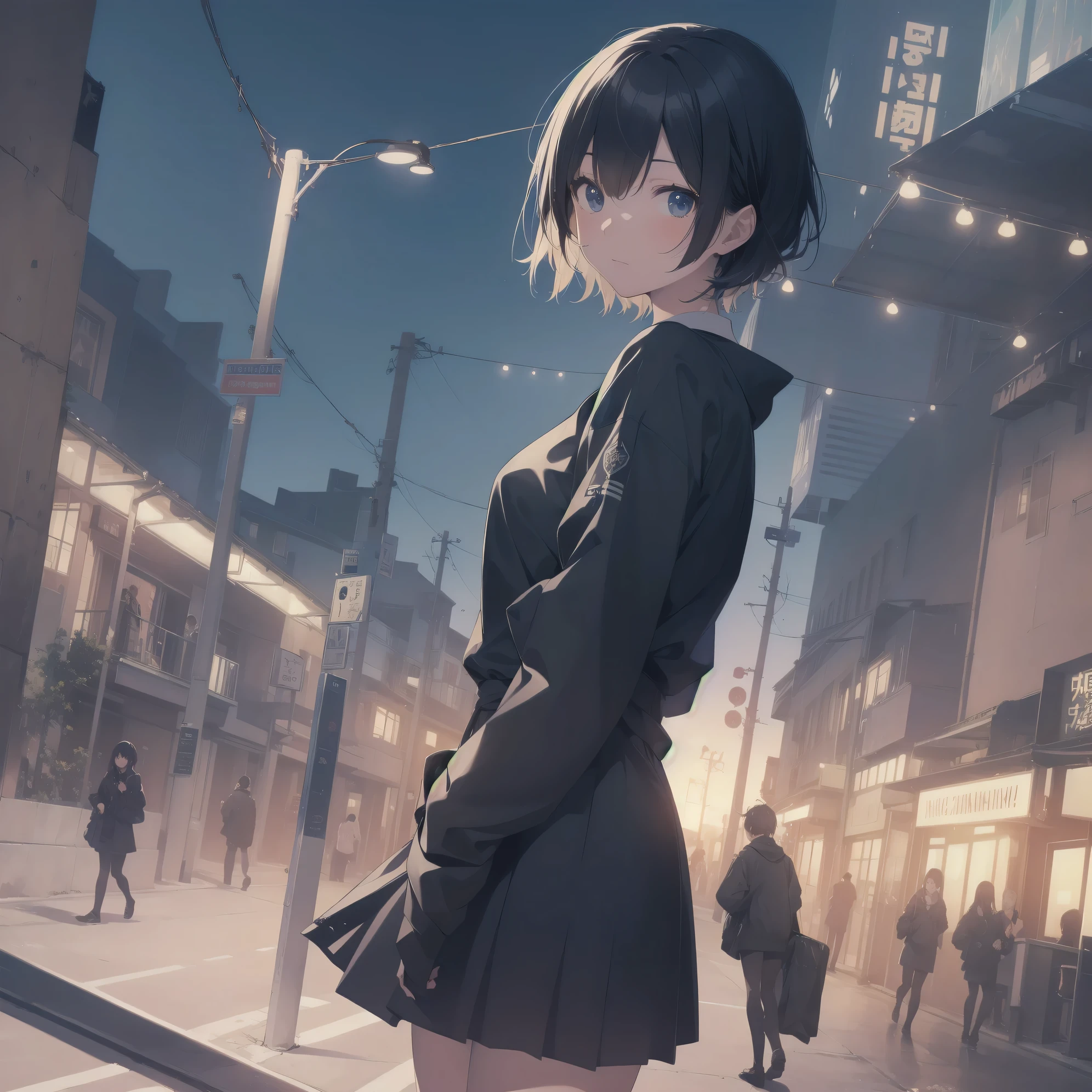 ultra-absurdres-Top quality by artist God, ultra-detailed, high resolution, anime moe artstyle, best anime 8k konachan wallpaper, pixiv contest winner,pool:2810, perfect anatomy,break, 1girl, (Please draw a girl walking sleepily to school alone. )break,(Solo,little female, 13-year-old:1.3),Full limbs, complete fingers,a junior high school student, (very short hair), short cut, flat chest, , small butt, small black eyes, beautiful detailed eyes, well-proportioned iris and pupils, expressive eyes, highres detailed hair, soft expression, school_uniform, official_alternate_costume, pleated skirt,(Detailed Lighting), (Detailed background), in the School commute route. break,super detailed skin, Best cinematic lighting powered by famous artist, 8k,beauty illustration,photoshop_(medium),very aesthetic,break,((artist:ido_(teketeke))), artist:bolze ,artist:oyari_ashito ,artist:kantoku ,