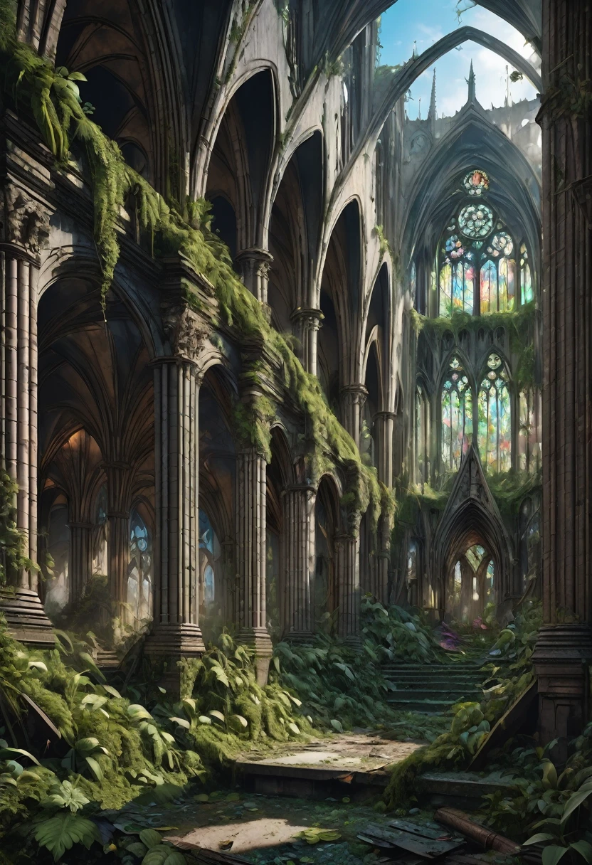 1girl, Post-Apocalyptic Wasteland, Overgrown Cathedrale Notre-Dame-de-Paris covered in vines and moss Ruins in Luxuriant Jungle, post-apocalyptic epic realistic detailed matte painting, deep color, fantastical, intricate detail, splash screen, complementary colors, fantasy concept art, 8k resolution trending on Artstation Unreal Engine 5