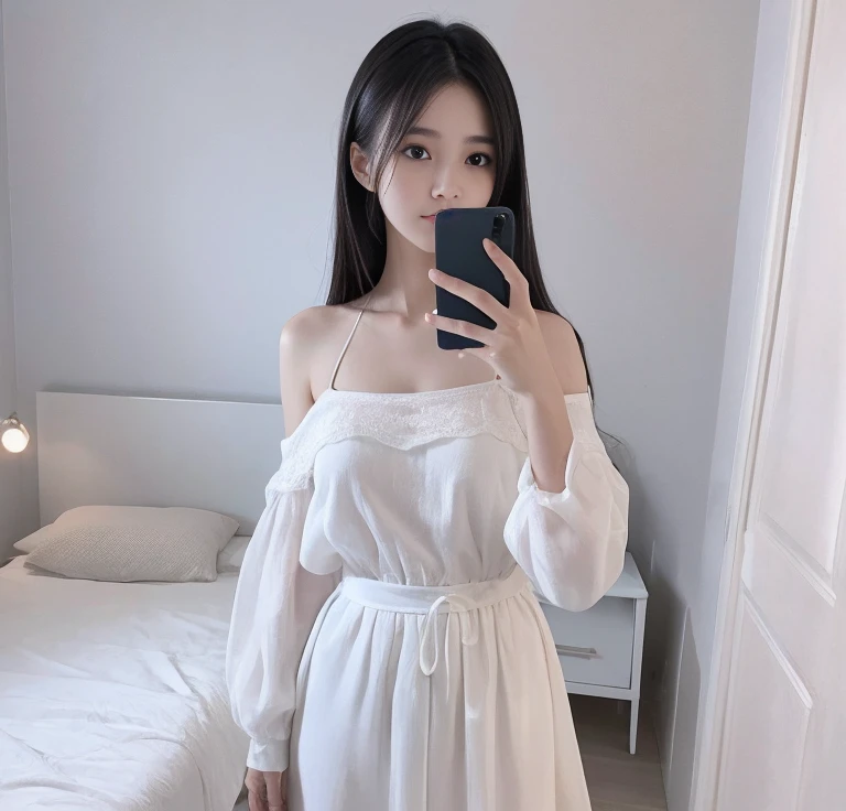 debris flies、highest quality、super fine、Understood、High resolution、8k wallpaper、perfect dynamic composition、(((Full body Esbian)))、((from below))、20 year old cute girl、detailed beautiful face、delicate and cute eyes、fine-textured skin、My cheeks turned red、(straight black hair)、take a selfie with your mobile phone、room、white background、White Room、take a selfie with your mobile phone、small bust、slender、Wearing a camisole