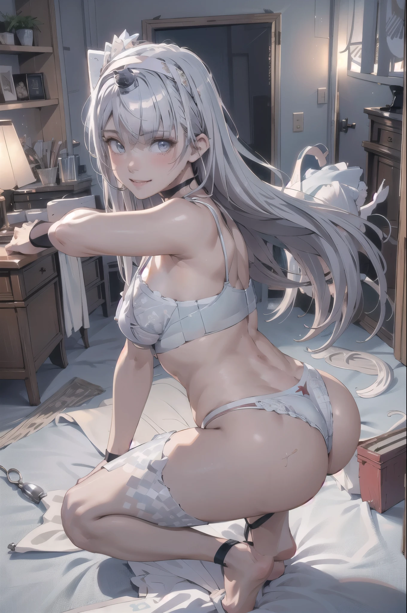 highest quality, masterpiece, High resolution, (Perfect Anatomy) ,1 person fuyutsukiKC, (fuyutsuki) ,((Silver Hair)),((nsfw)) White headband, Crop top,
smile,blush, (indoor, office, living room), 
((Full Body View)),(In underwear) ((Light blue panties)), ((Light blue bra)), Spread your legs, Squat, Butt