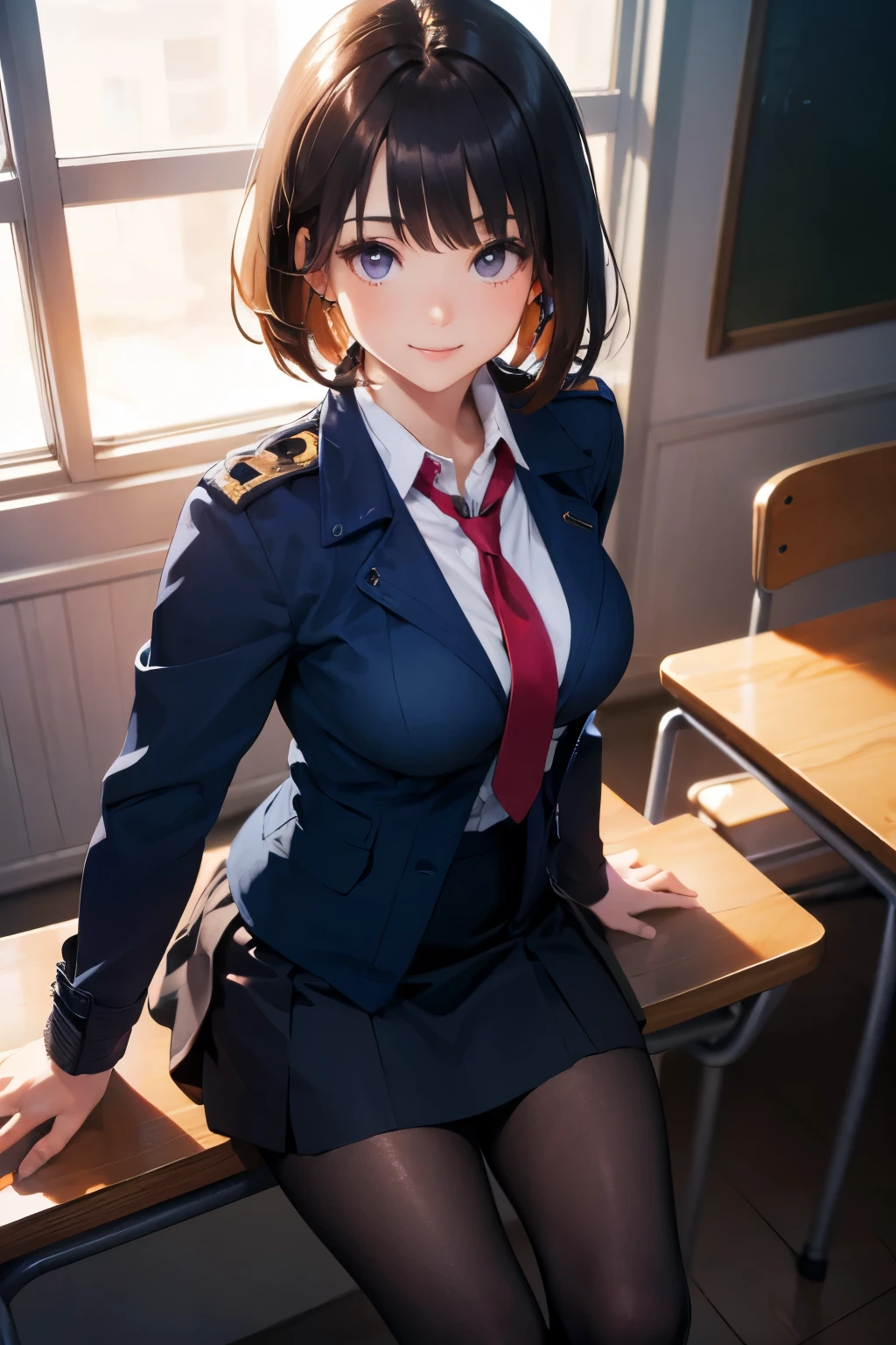 (masterpiece:1.2, top-quality), (realistic, photorealistic:1.4), beautiful illustration, (natural side lighting, movie lighting),
looking at viewer, (breast focus), (from above:1.1), close up, 1 woman, japanese, 22 years old, high school teacher, perfect face, cute and symmetrical face, shiny skin, babyface,
(short hair, straight hair, dark brown hair), blunt bangs, dark purple eyes, (middle breasts, seductive thighs, big ass), piercings,
beautiful hair, beautiful face, beautiful detailed eyes, beautiful clavicle, beautiful body, beautiful chest, beautiful thigh, beautiful legs, beautiful fingers,
(((navy jacket, close jacket, navy tight skirt), white collared shirt), black pantyhose, ribbon neck tie, ),
(beautiful scenery), evening, class room, blackboard, sitting school chair, standing, (lovely smile, upper eyes),